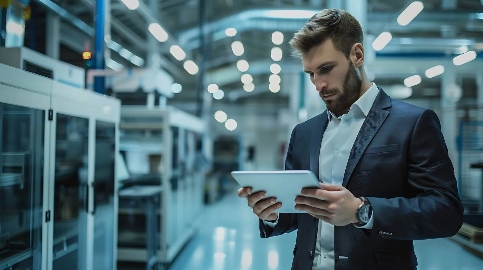 Businessman in Modern Factory Using Tablet — free download from Dotvec