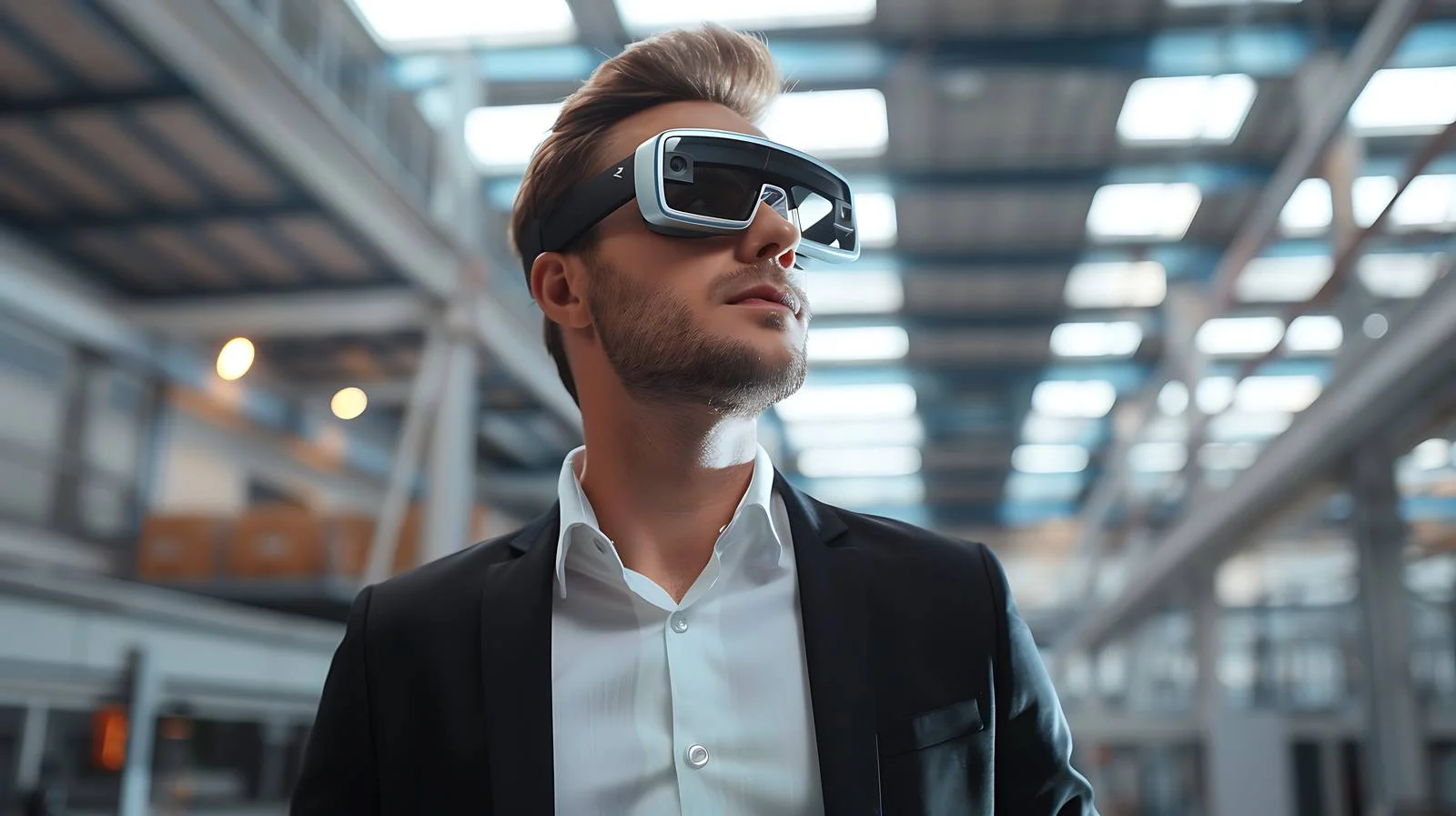 Businessman in AR Glasses at Modern Factory — free download from Dotvec