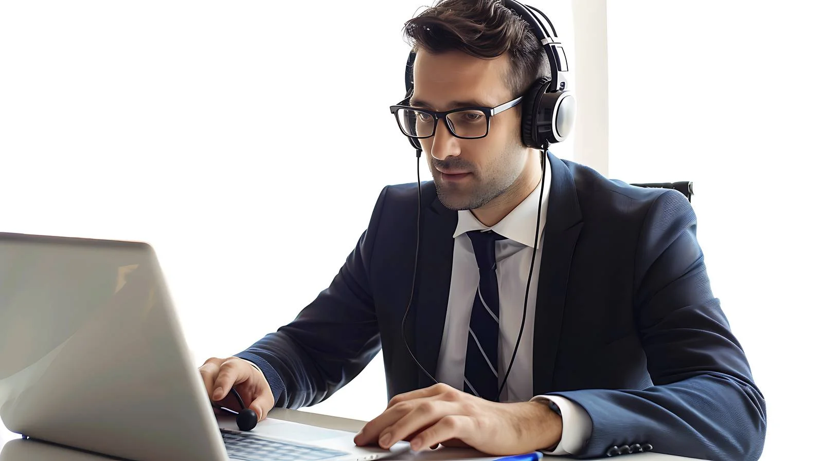 Businessman at desk with headphones and laptop — free download from Dotvec