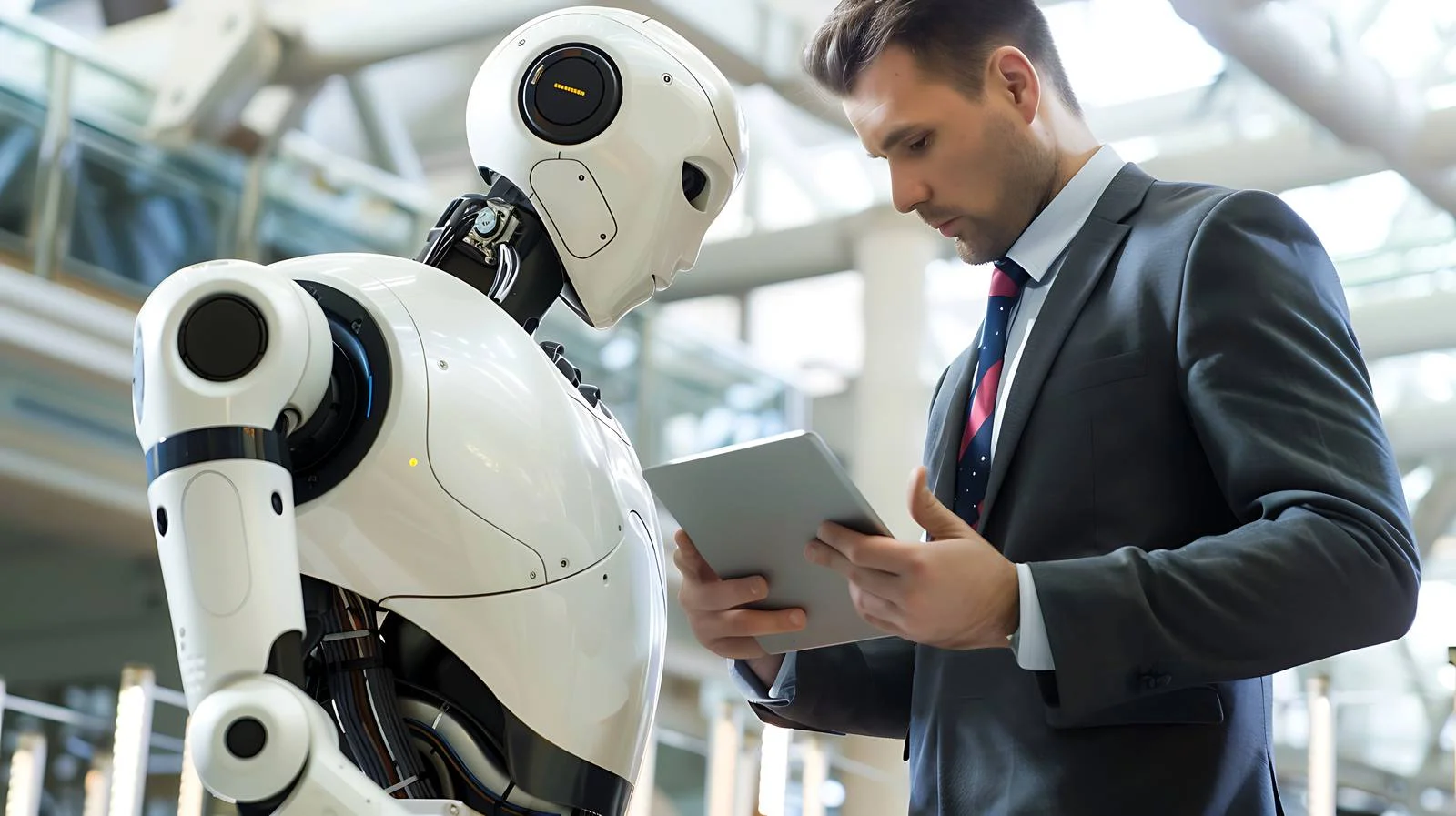 Businessman in Factory with Assembly Robot — free download from Dotvec