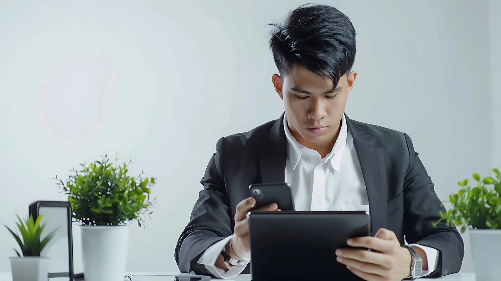 Busy Executive Multitasking at Office Desk — free download from Dotvec