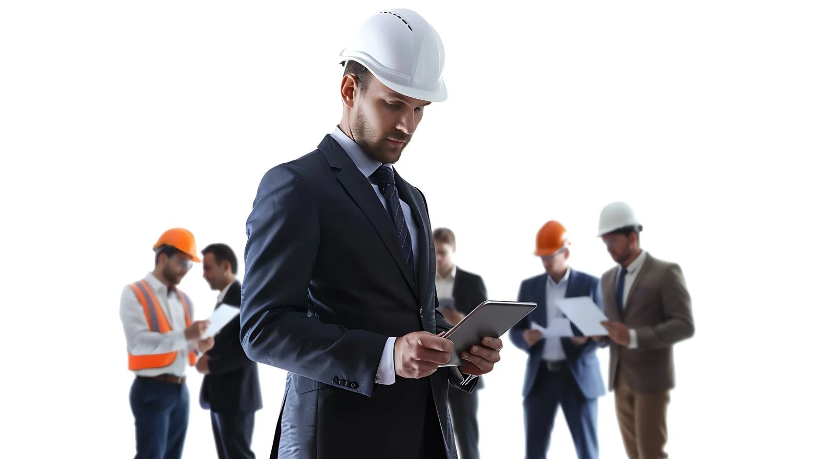 Businessmen Using Tablet in Production Meeting — free download from Dotvec