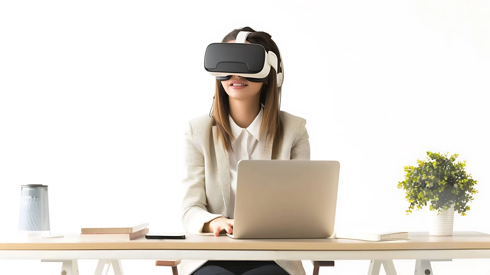 Professional Woman Using VR Technology at Desk — free download from Dotvec