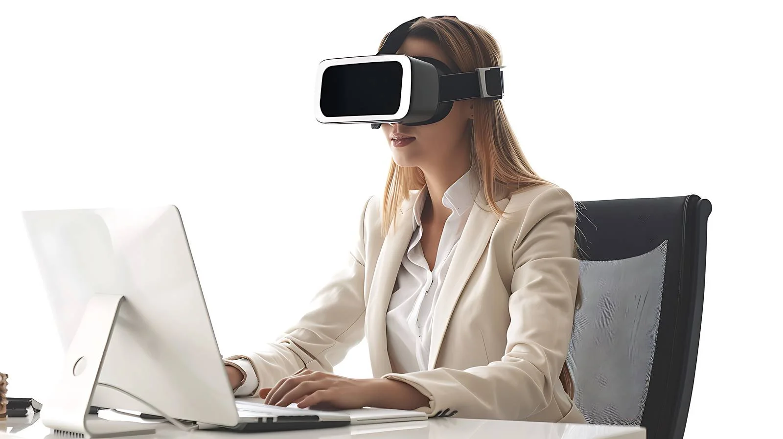 Professional Woman Using VR at Office Desk — free download from Dotvec