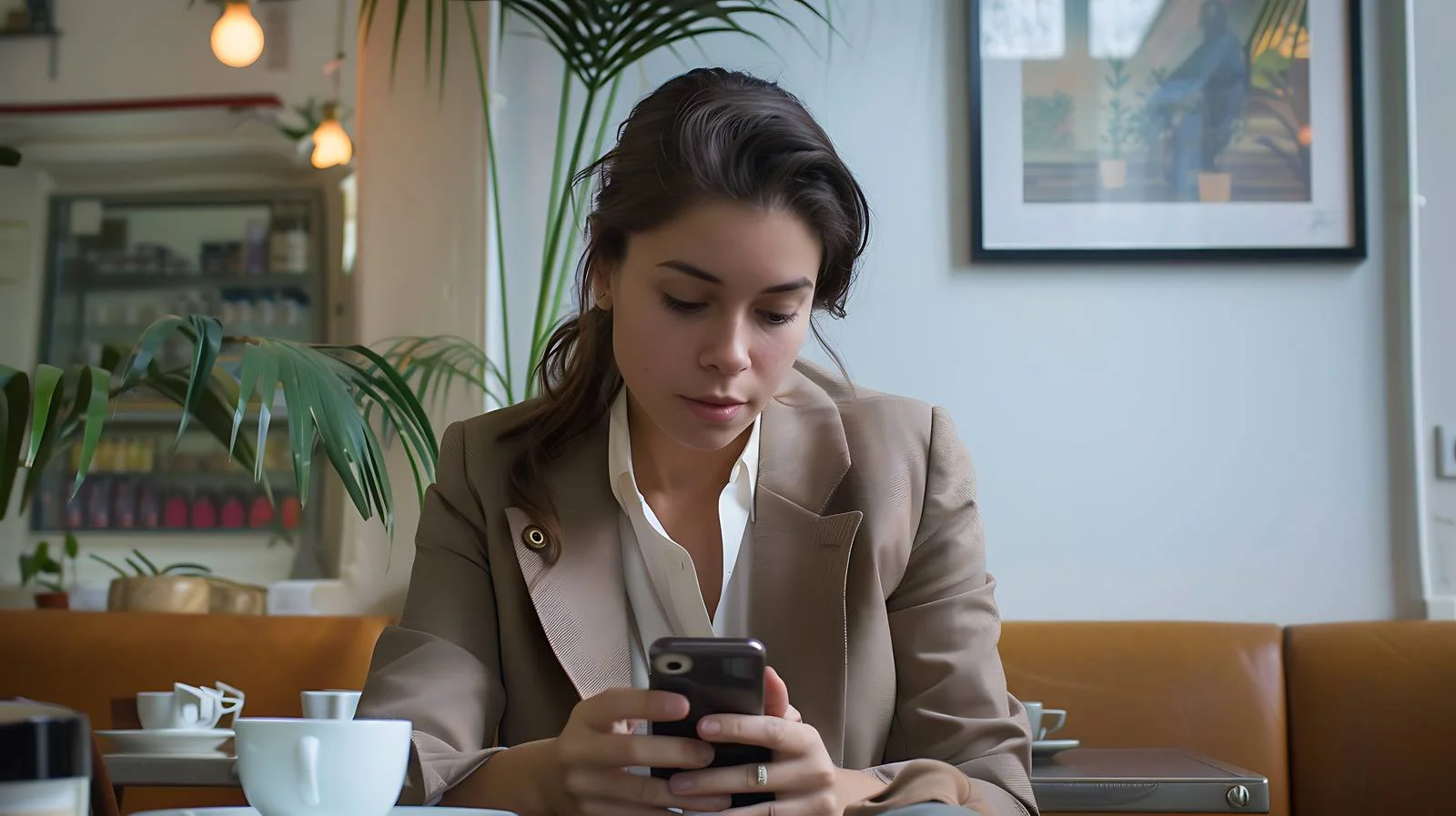 Professional Woman with Cellphone in Café — free download from Dotvec