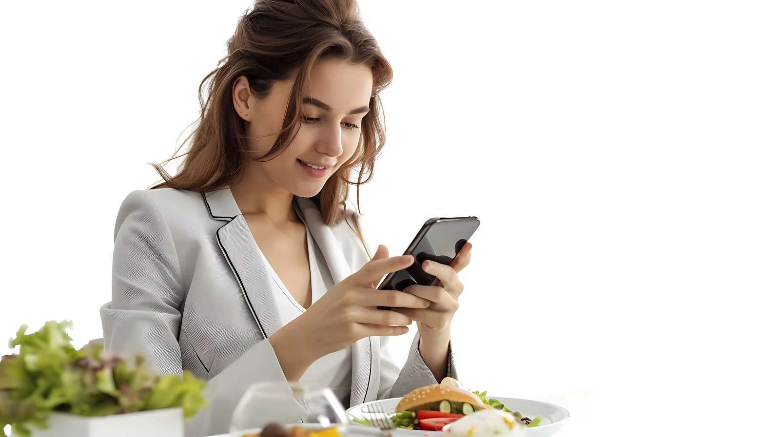 Businesswoman Using Smartphone During Lunch — free download from Dotvec