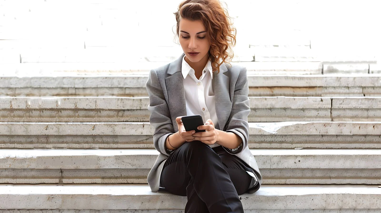 Professional Woman Using Smartphone on Stairs — free download from Dotvec