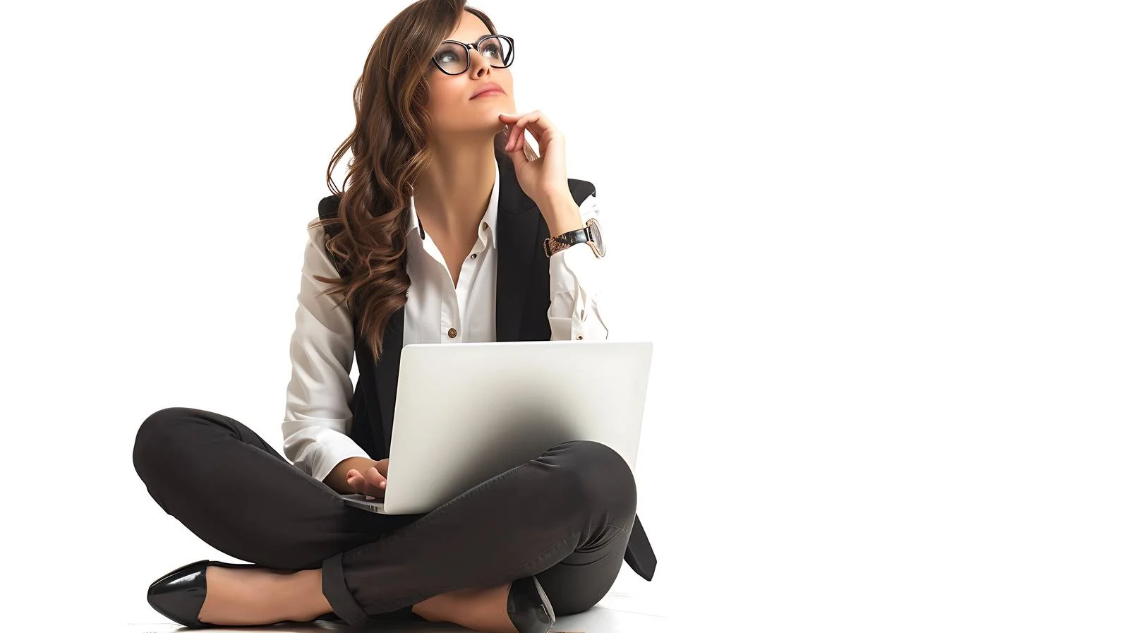 Contemplative Businesswoman with Laptop — free download from Dotvec