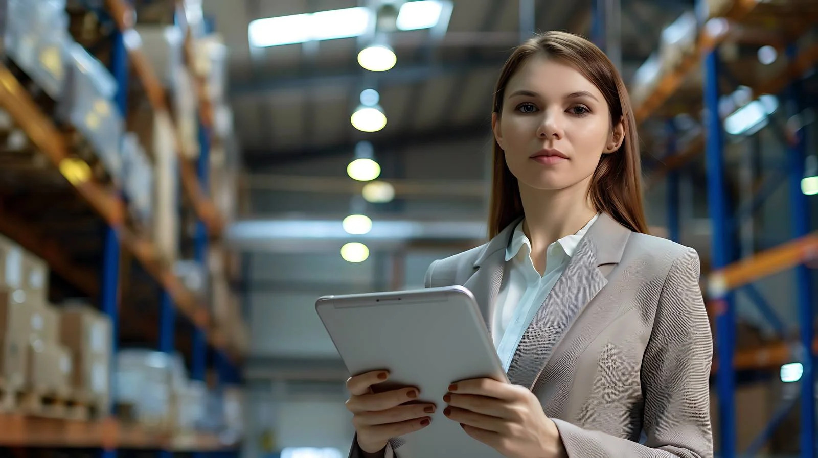 Female Executive with Tablet in Industrial Warehouse — free download from Dotvec