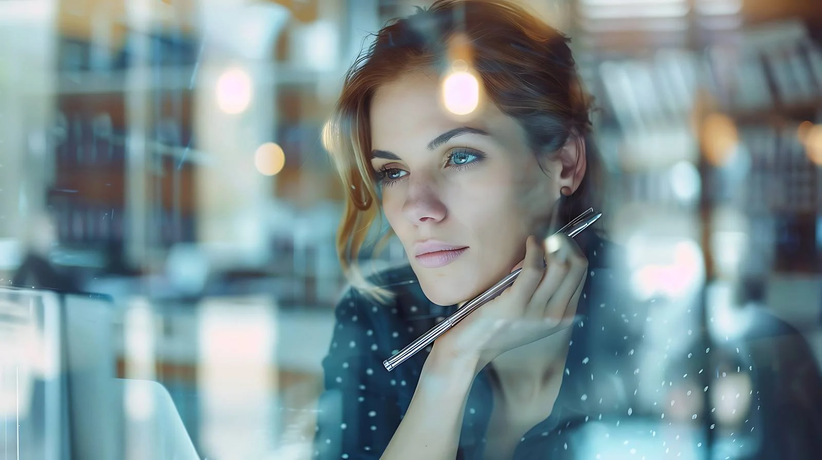 Corporate Female jotting on window in modern workspace — free download from Dotvec