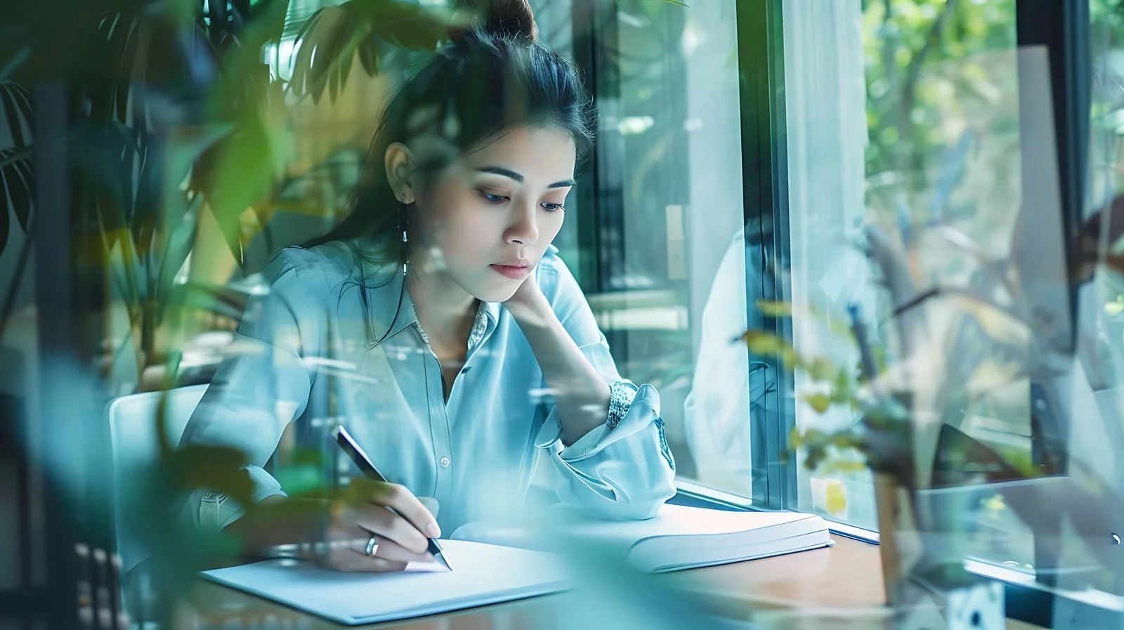 Professional woman writing on office window — free download from Dotvec