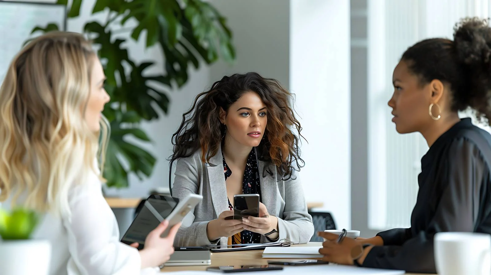 Professional Women Using Smartphone in Meeting — free download from Dotvec