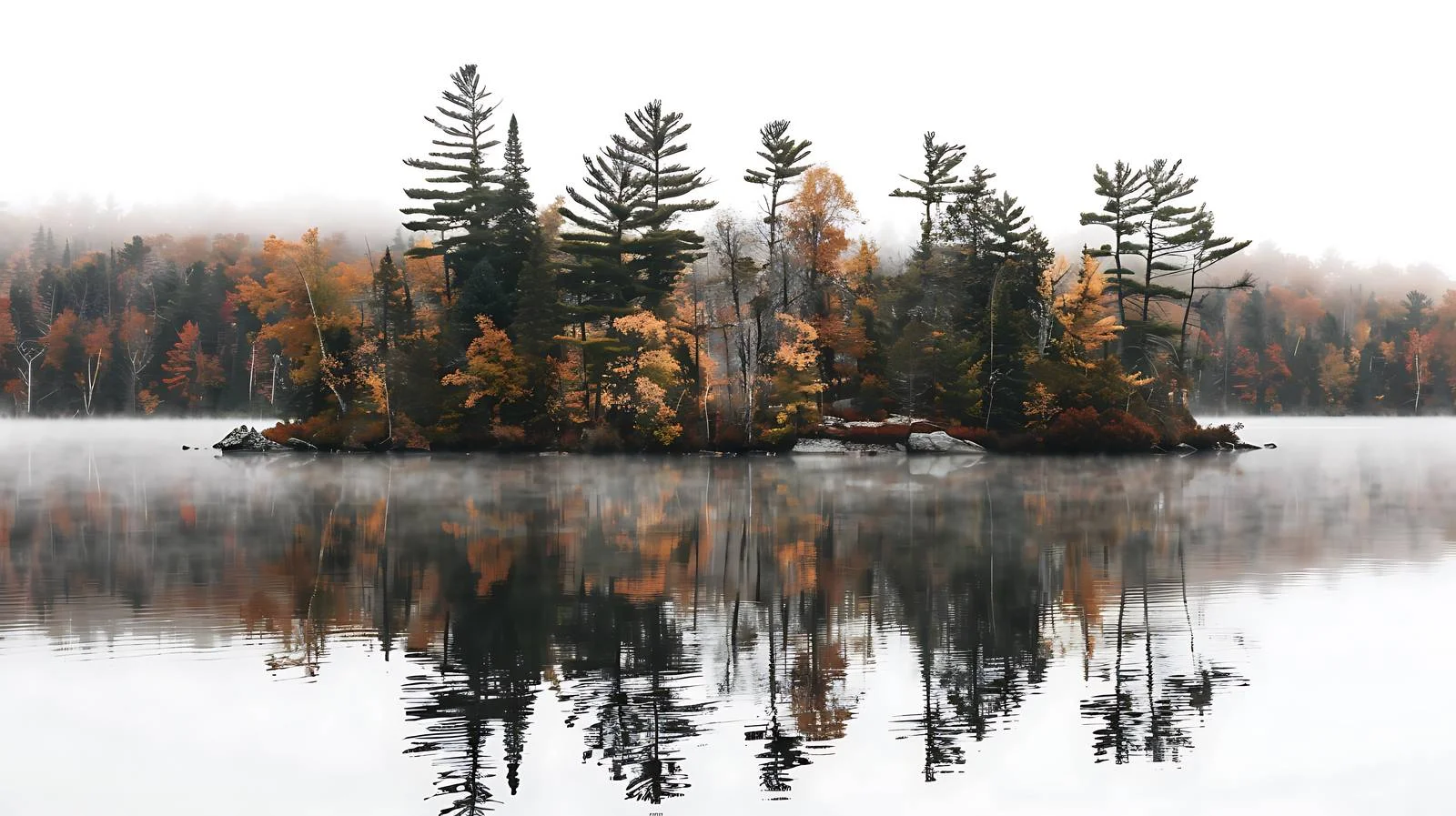 Tranquil lake and mist in Northern Minnesota surrounded by trees — free download from Dotvec