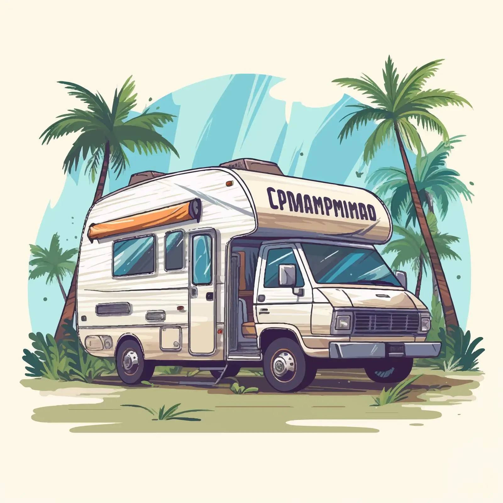 Camper Trailer Driving by Exotic Palm Trees – free rails image from Dotvec