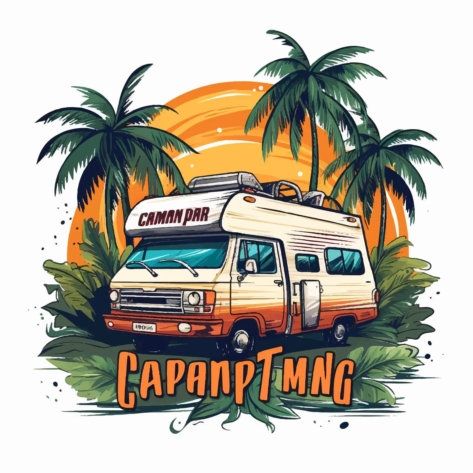Camper Trailer Driving Among Exotic Palm Trees — free download from Dotvec