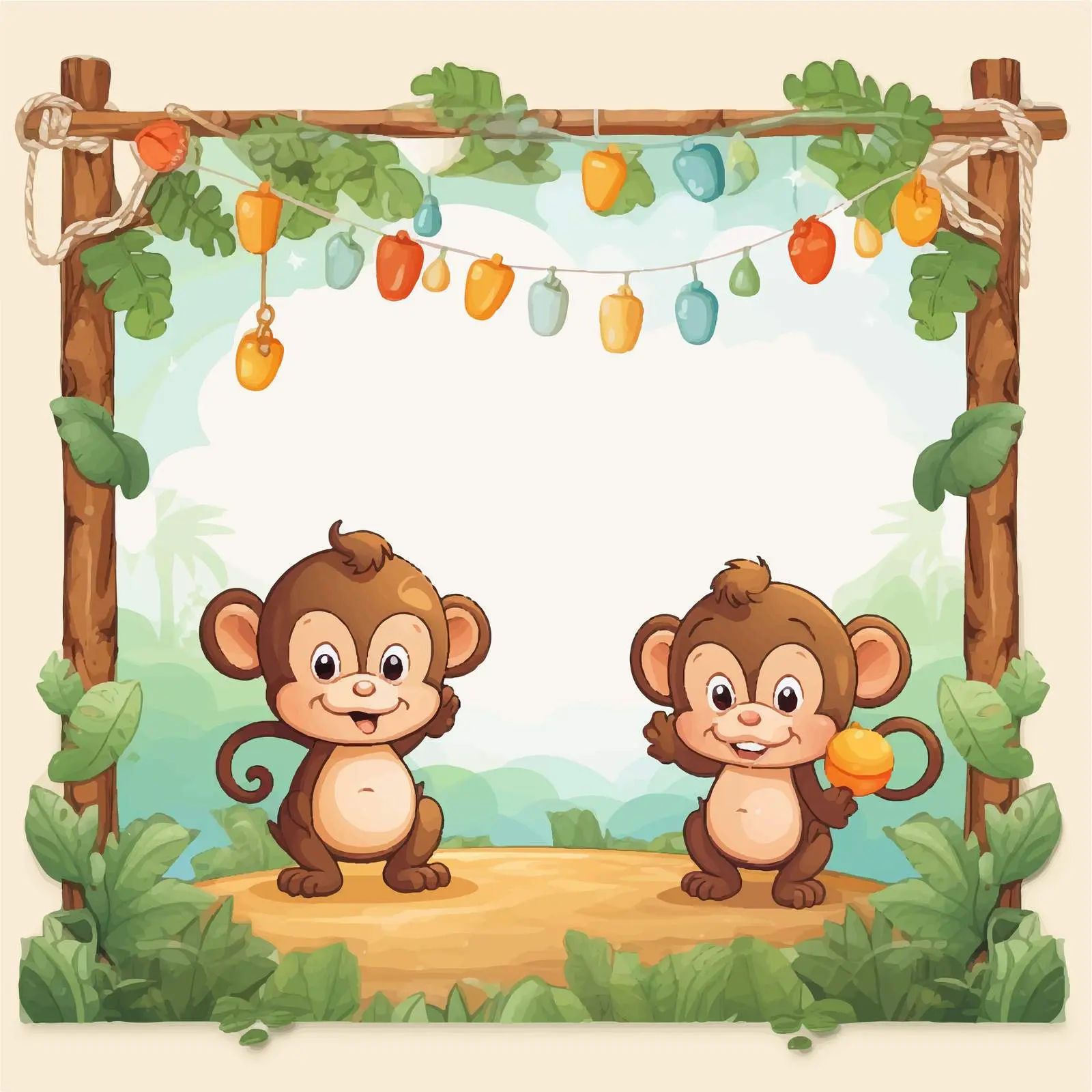 Monkeys Party Theme Wooden Frame Vector Template — free download from Dotvec