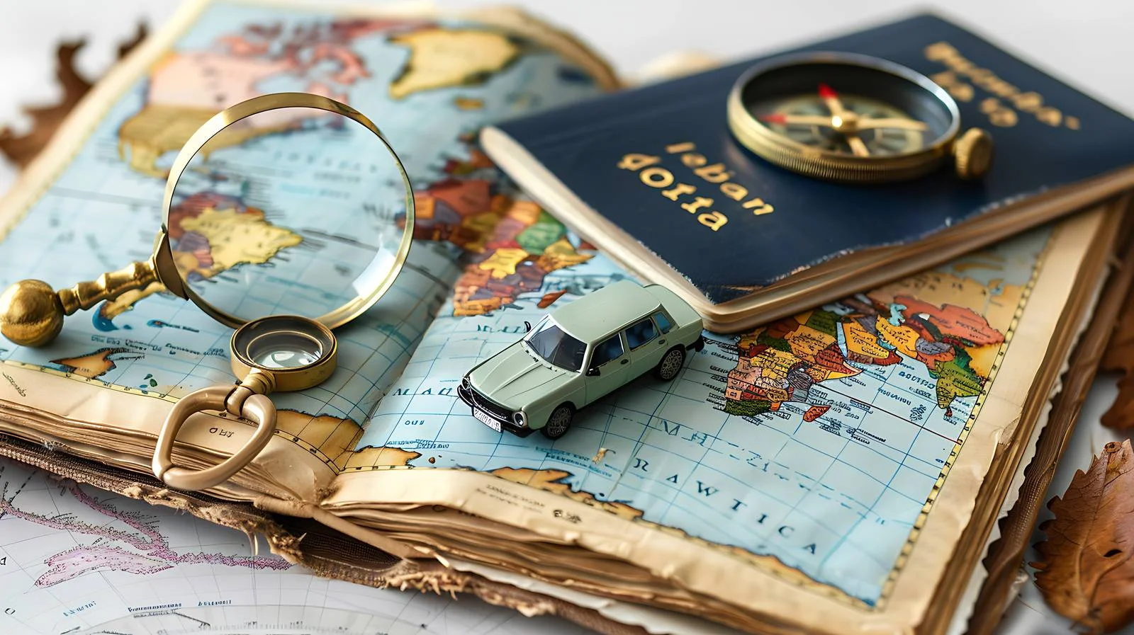 Travel Concept with Car, Map, and Compass — free download from Dotvec