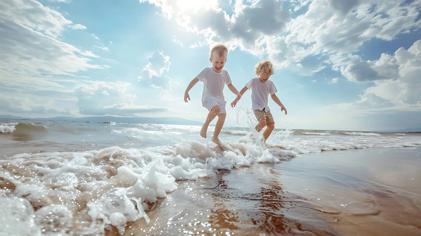 Joyful siblings frolicking on beach shoreline — free download from Dotvec