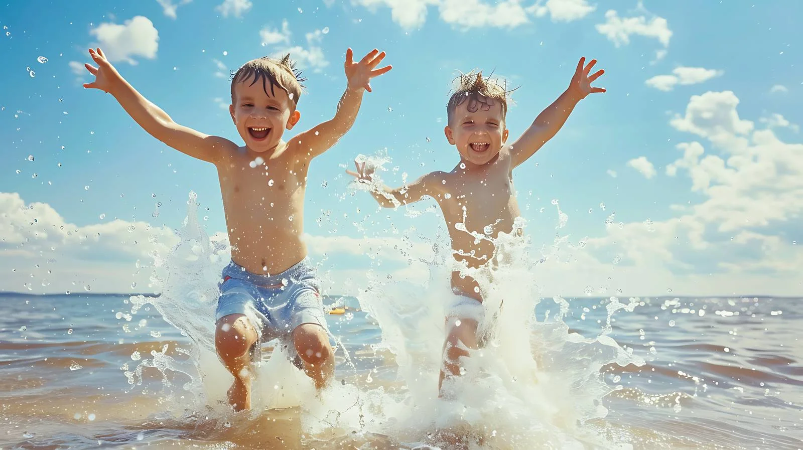 Joyful siblings frolicking at beach shore — free download from Dotvec