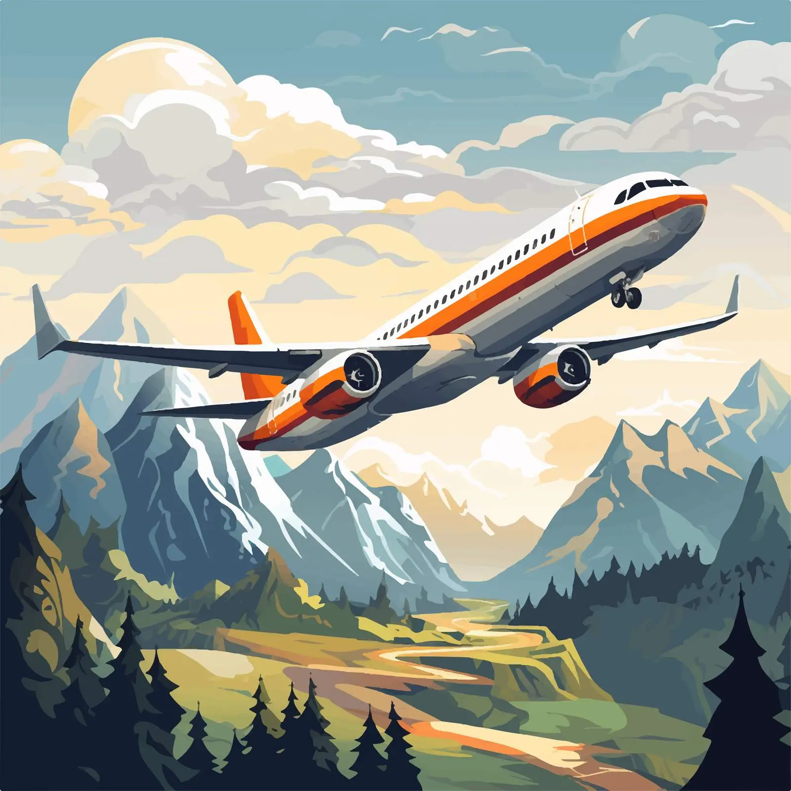 Cartoon Airplane Over Mountain Landscape — free download from Dotvec