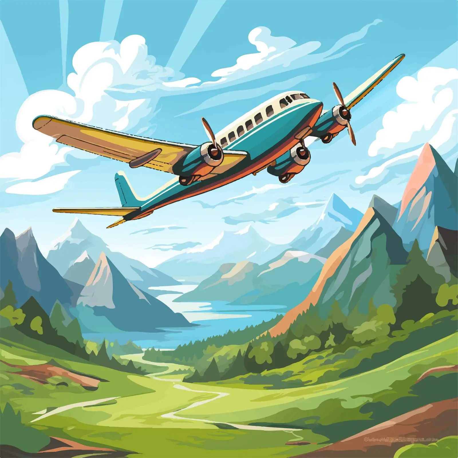 Cartoon Airplane Over Scenic Mountain Landscape — free download from Dotvec