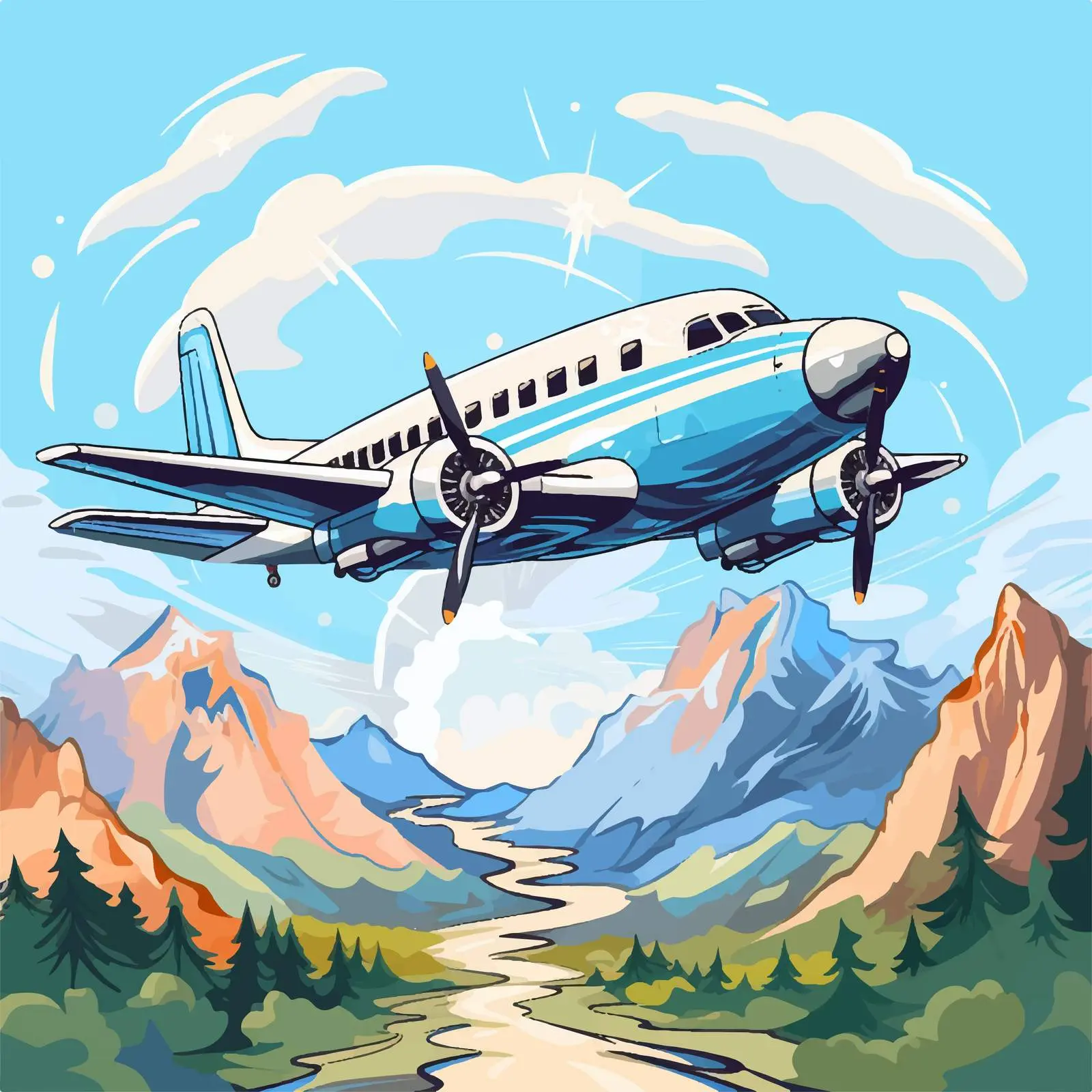 Cartoon Airplane Over Scenic Mountain Landscape — free download from Dotvec
