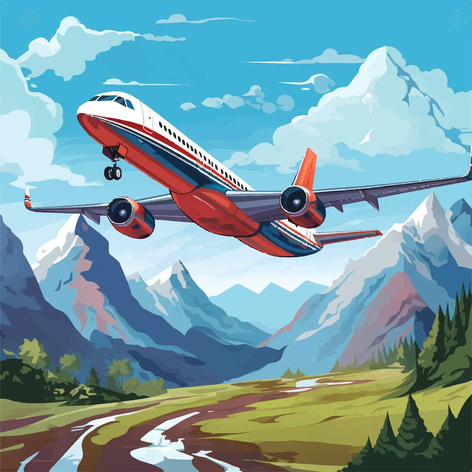 Cartoon Airplane Over Scenic Mountain Landscape — free download from Dotvec