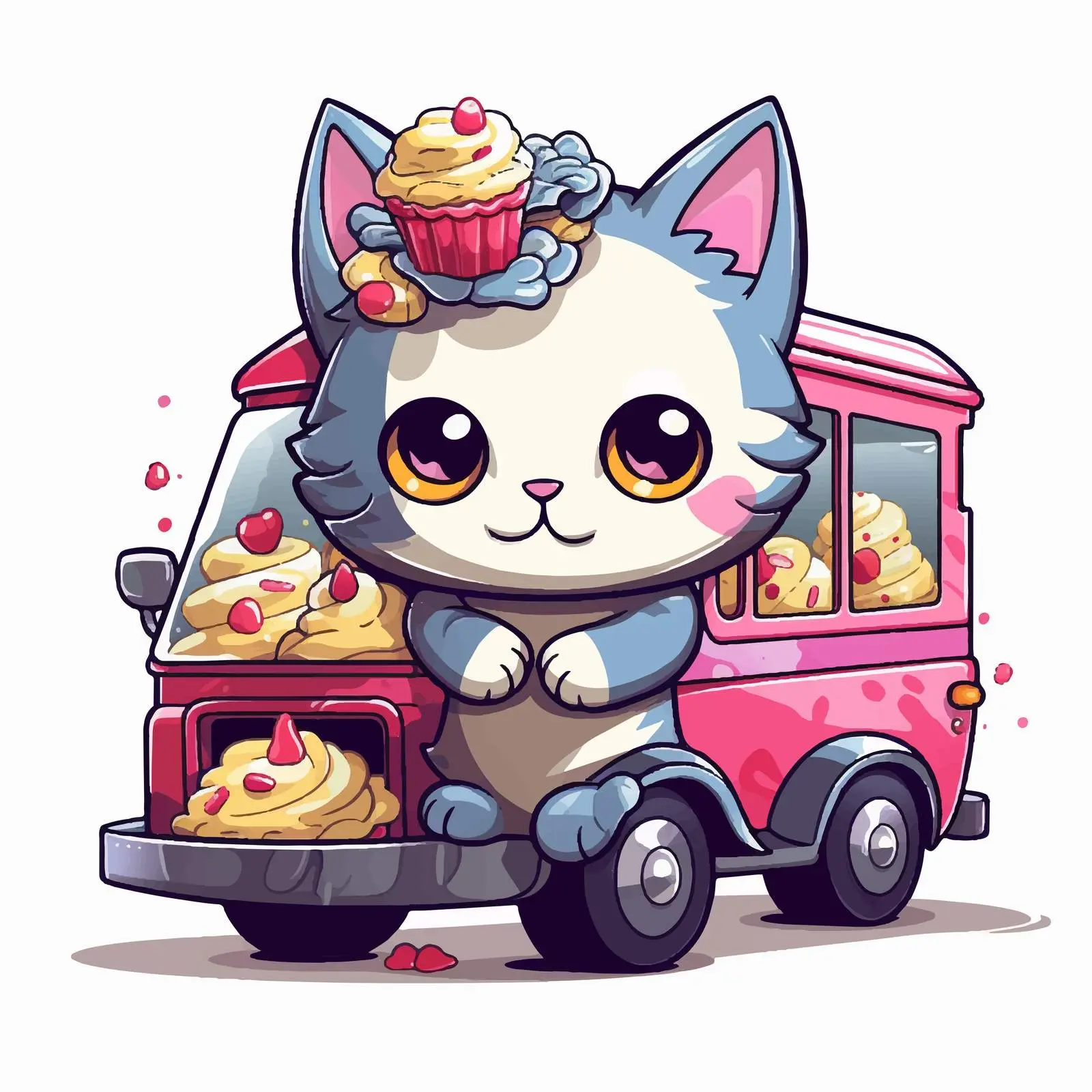Cute Cartoon Cat Serving Cupcakes from Food Truck — free download from Dotvec