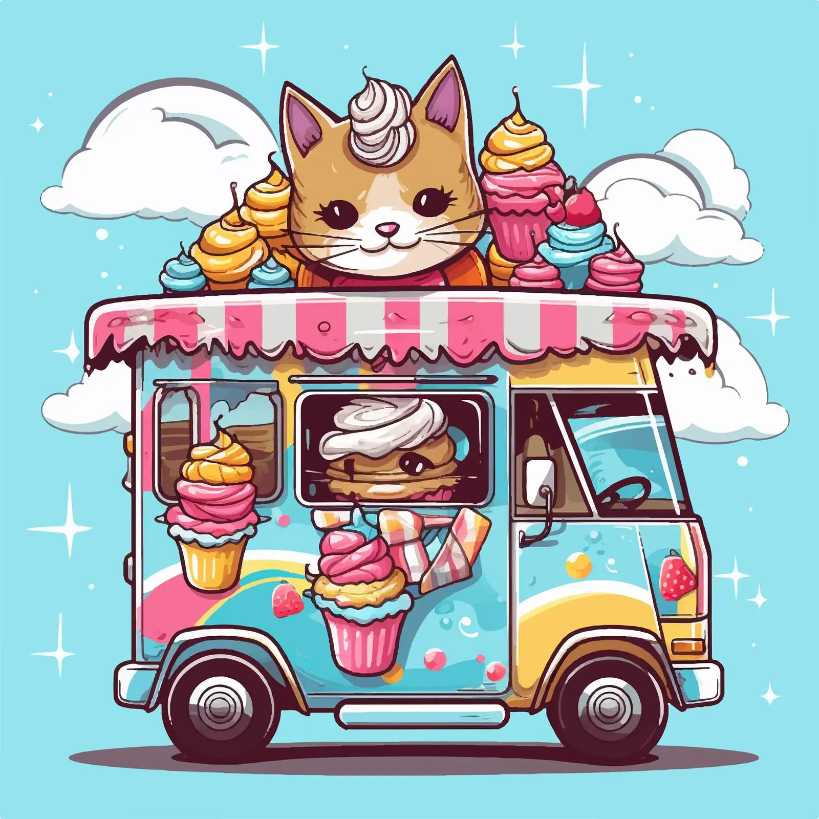 Cartoon Cat Serving Cupcakes from Food Truck — free download from Dotvec