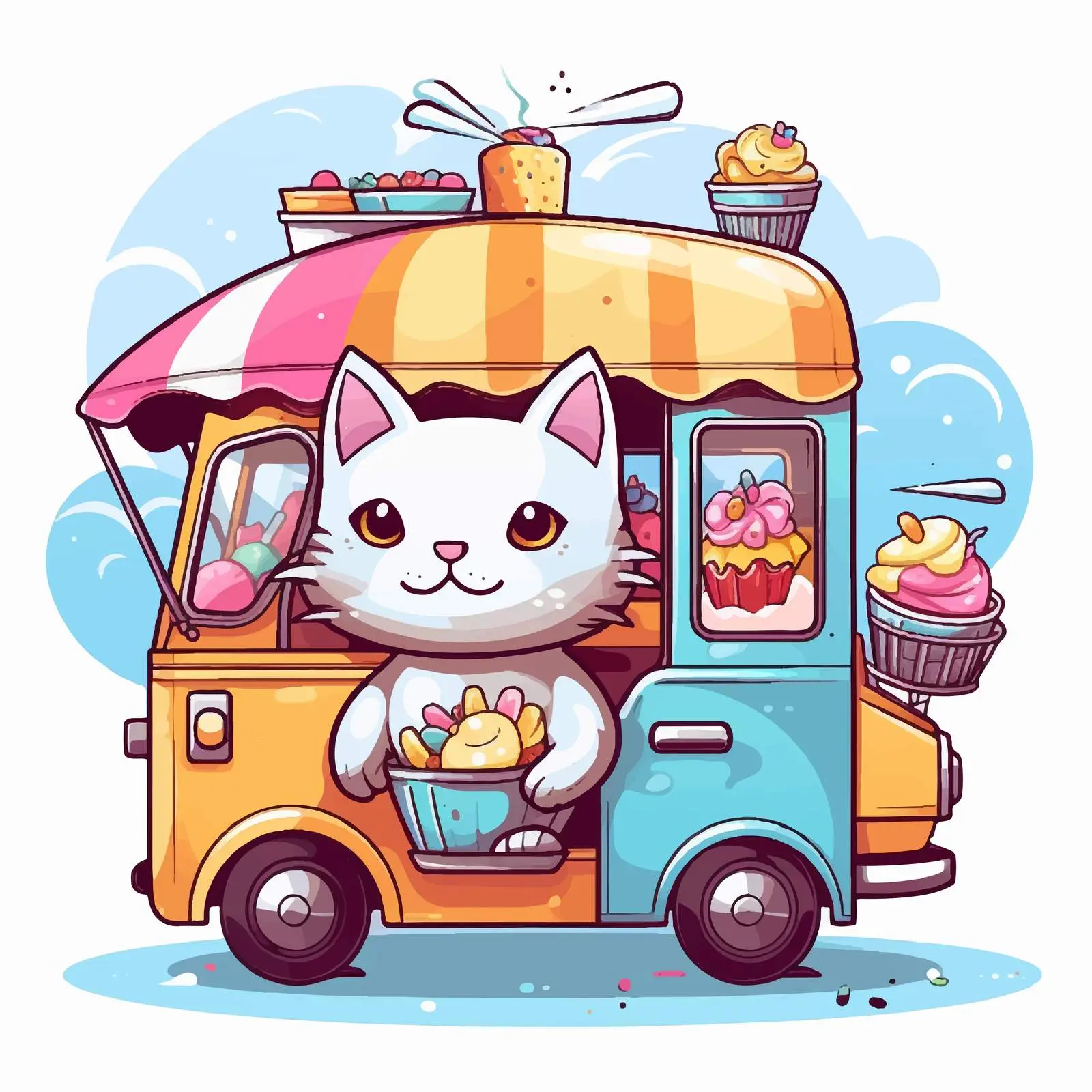 Cartoon Cat Serving Cupcakes from Food Truck – free dessert truck image from Dotvec