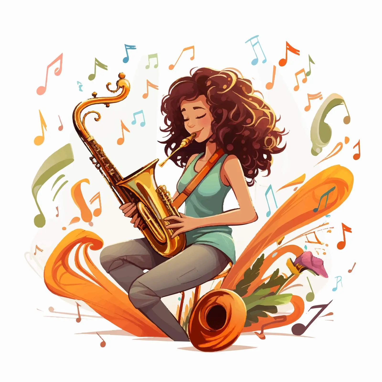 Girl Playing Saxophone Cartoon Vector Art — free download from Dotvec