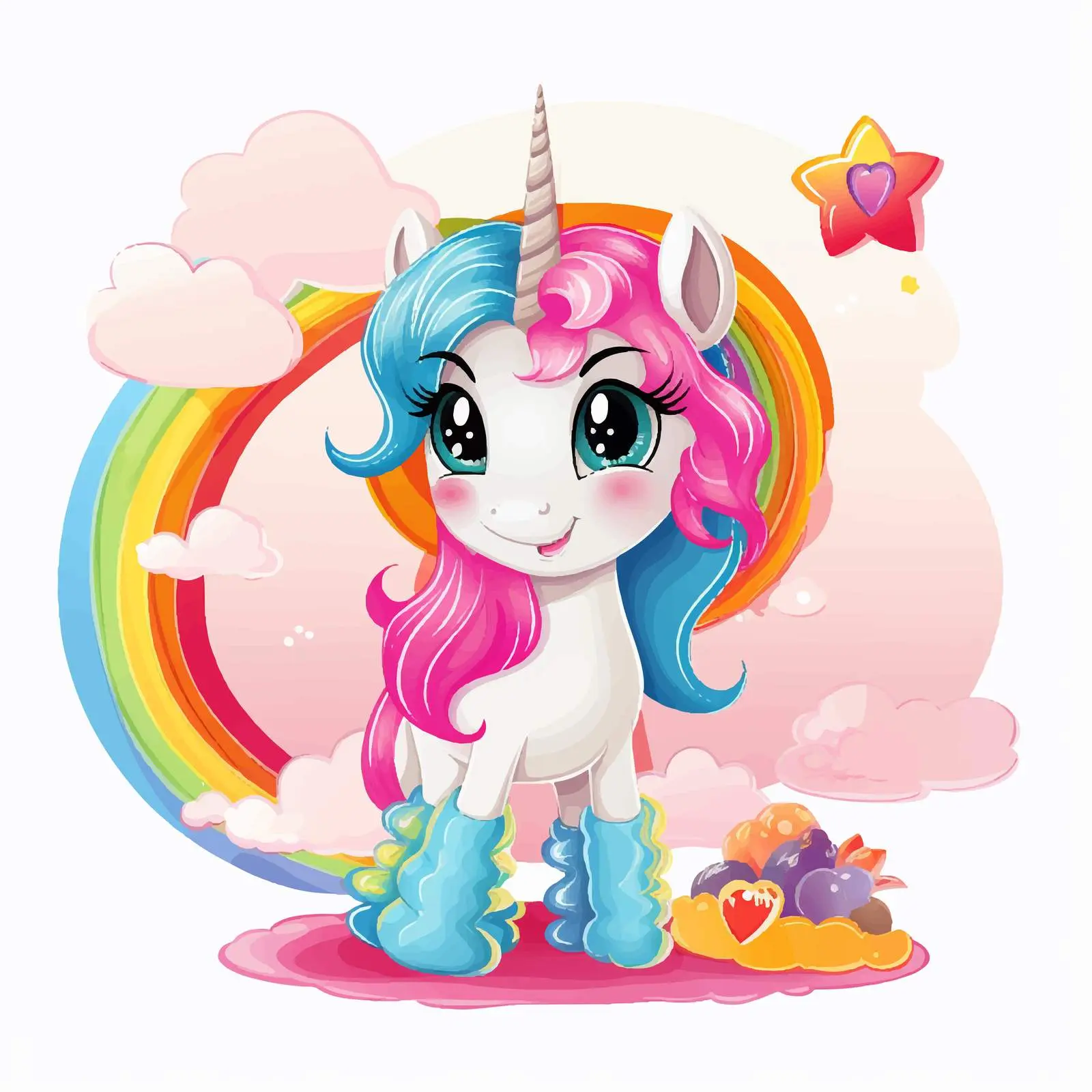 Whimsical Unicorn Standing on Rainbow Vector Art – free happy unicorn image from Dotvec