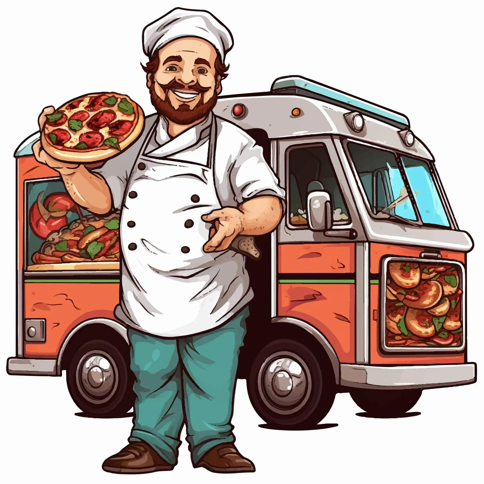 Cartoon Chef Serving Pizza from Food Truck — free download from Dotvec