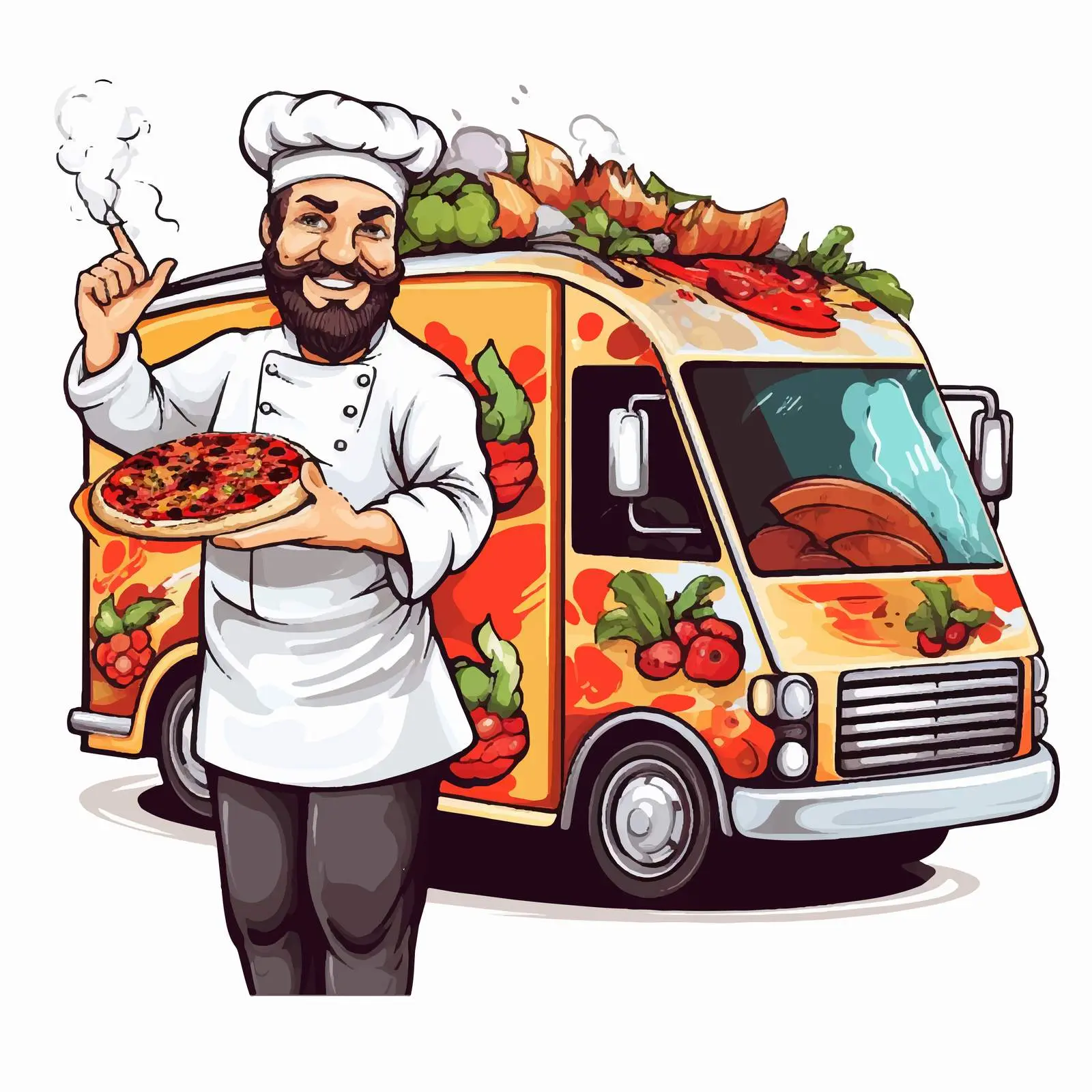 Cartoon Chef Serving Pizza from Food Truck – free tasty food image from Dotvec