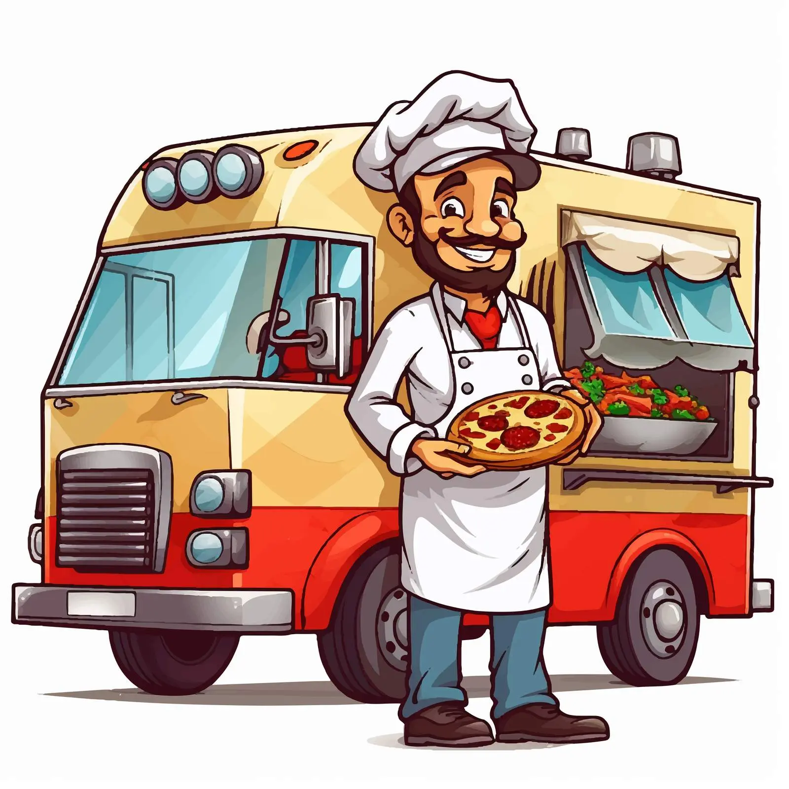 Cartoon Chef Serving Pizza from Food Truck — free download from Dotvec