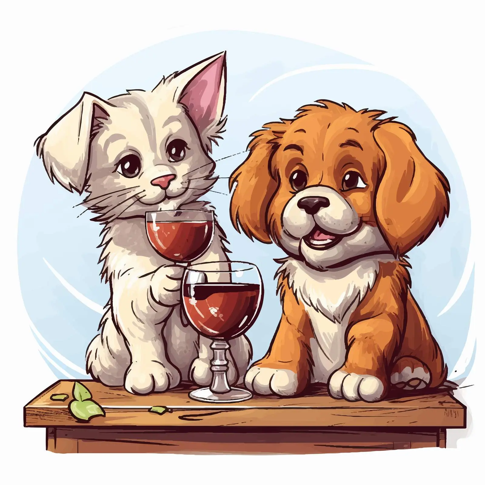 Cartoon Dog and Cat Enjoying Wine Together — free download from Dotvec