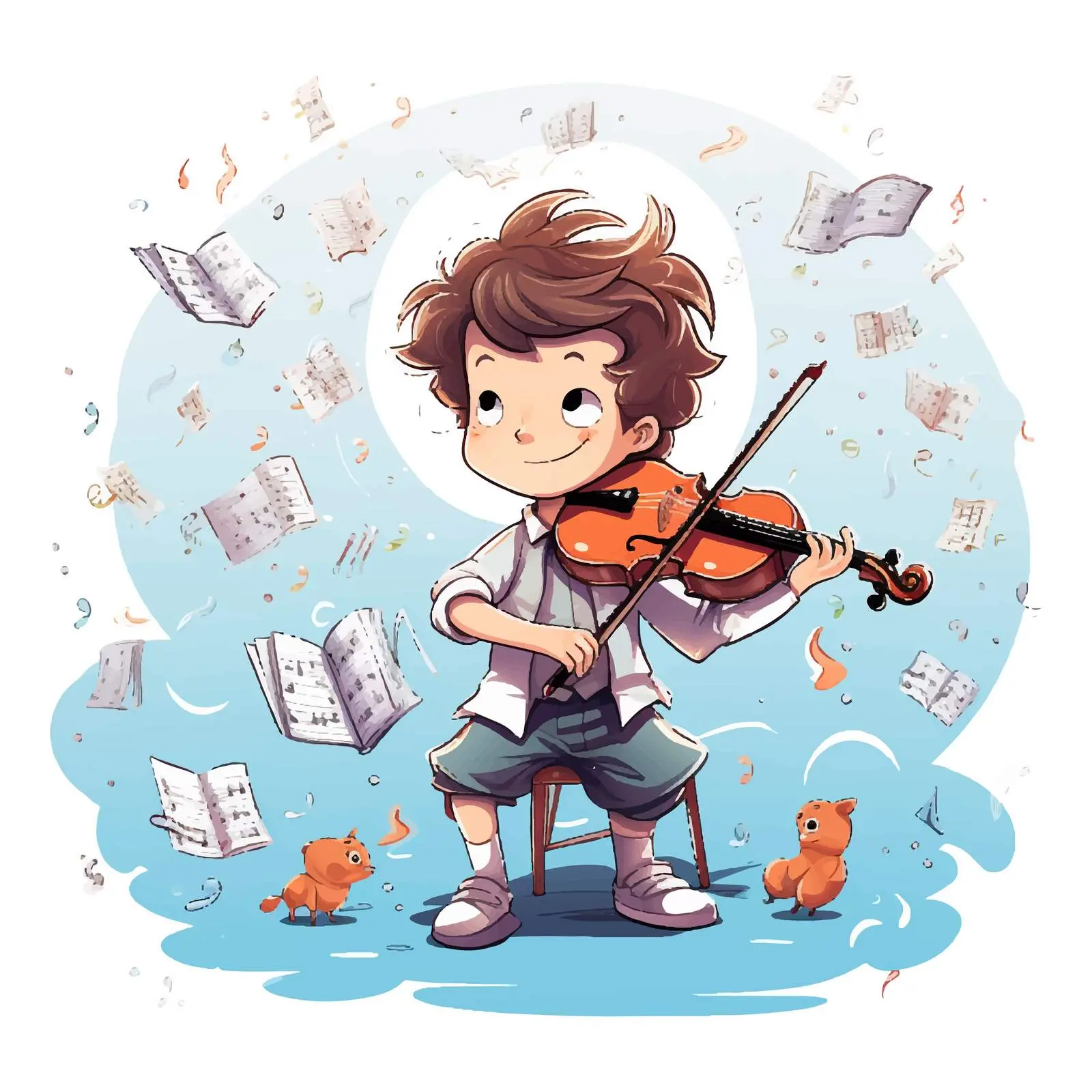 Boy Playing Violin with Melody Symbols Vector — free download from Dotvec