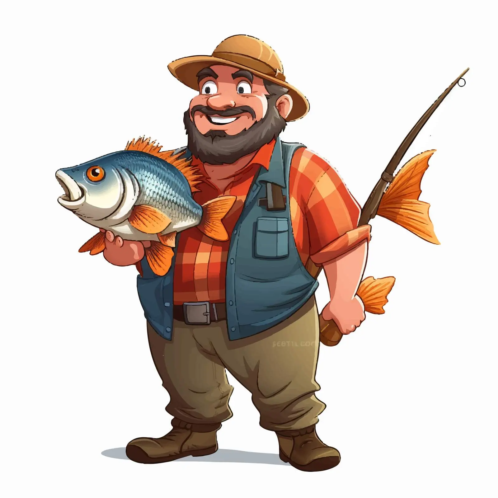 Cartoon Fisherman Holding Fishing Rod and Fish — free download from Dotvec