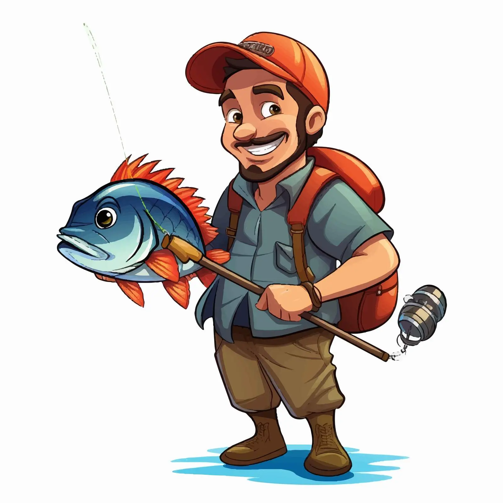 Cartoon Fisherman with Fishing Rod and Fish — free download from Dotvec