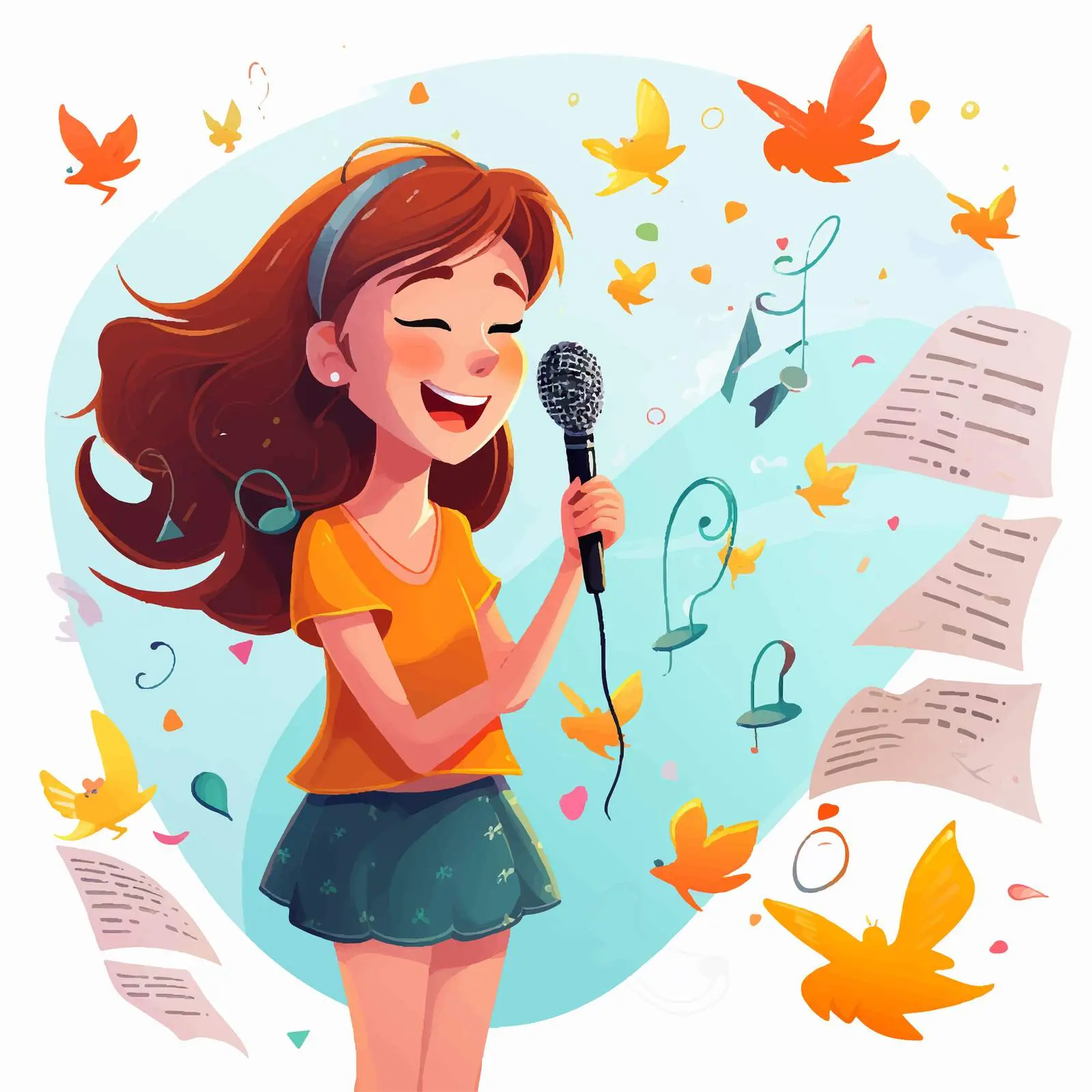 Cartoon Girl Singing with Microphone and Notes – free microphone image from Dotvec