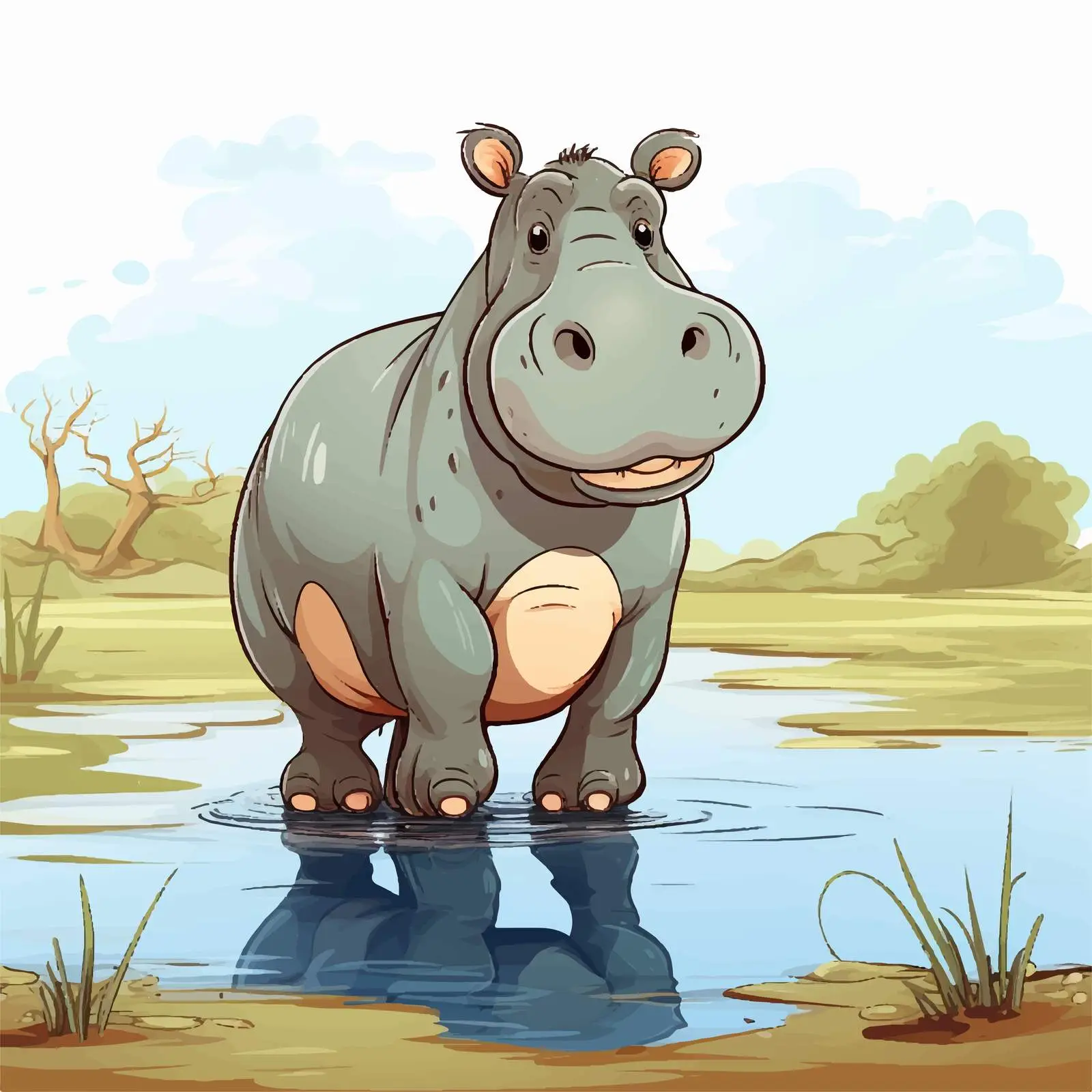 Cartoon Hippo by Water Pond Vector Illustration — free download from Dotvec