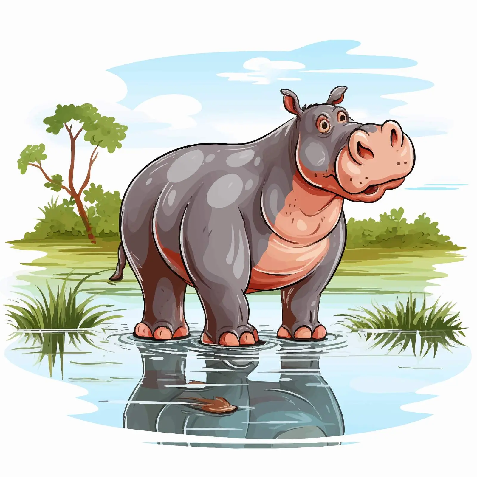 Hippo Near Water Pond Vector Illustration — free download from Dotvec