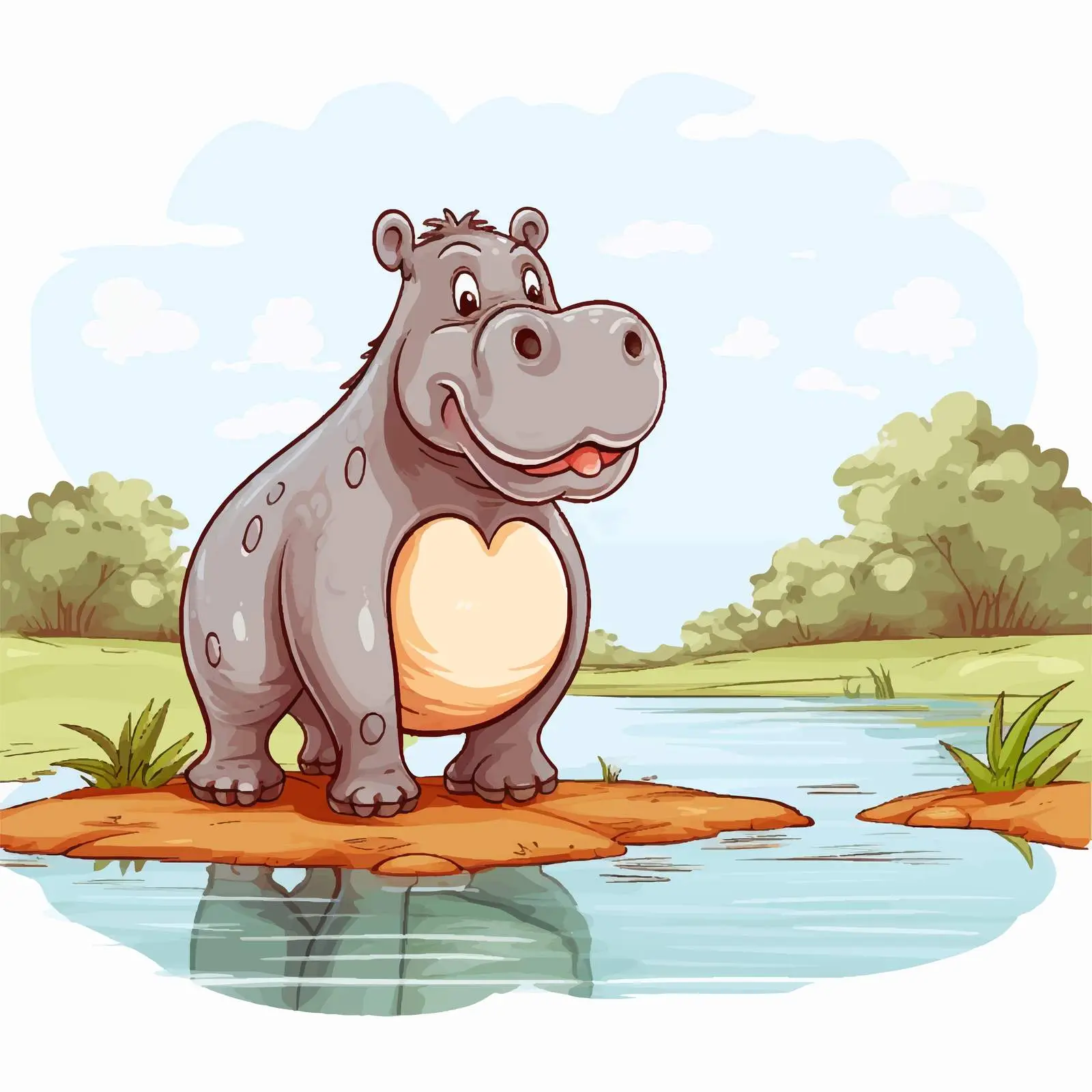 Cartoon Hippo by Water Pond Vector Illustration — free download from Dotvec