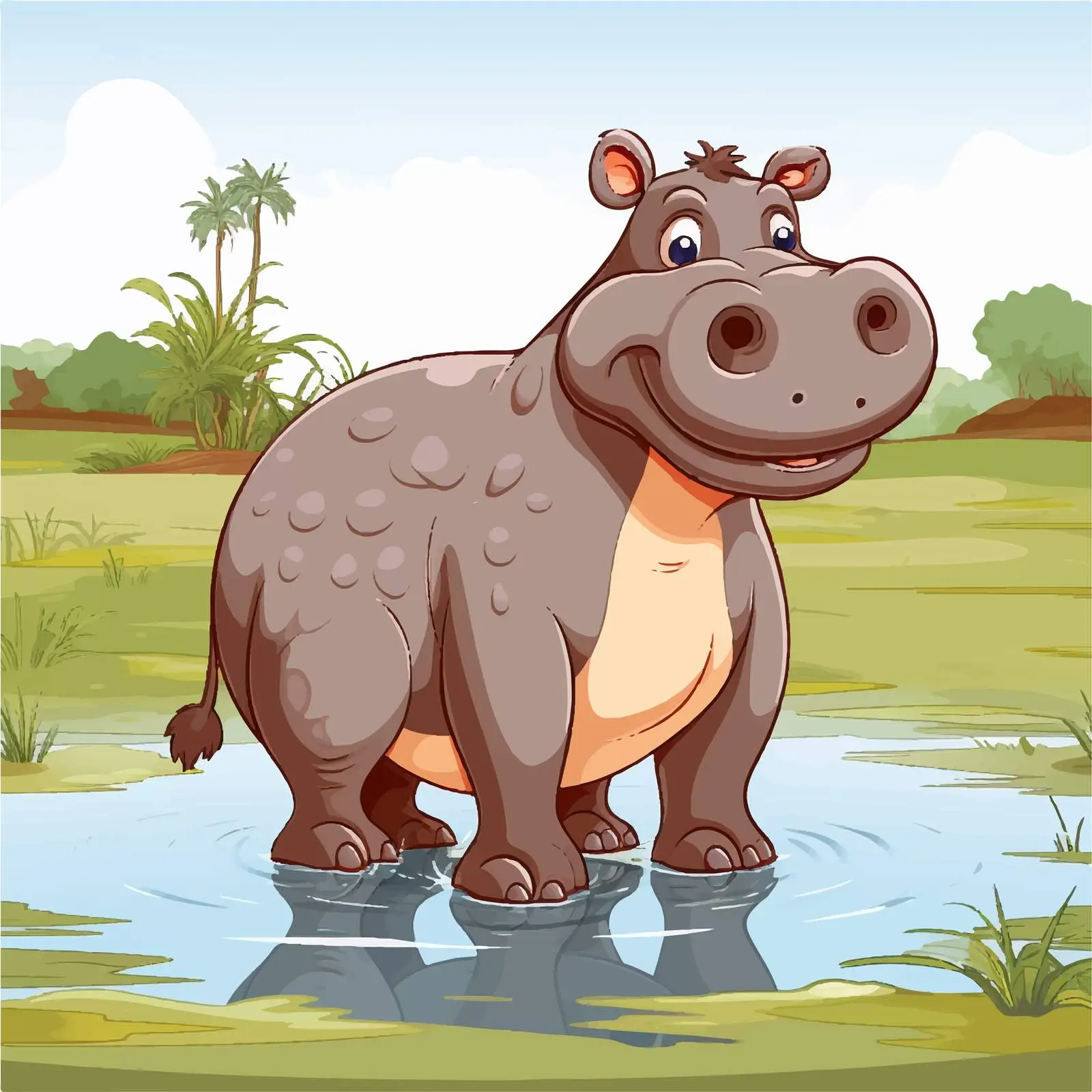 Hippo Standing by Water Pond Vector Illustration — free download from Dotvec