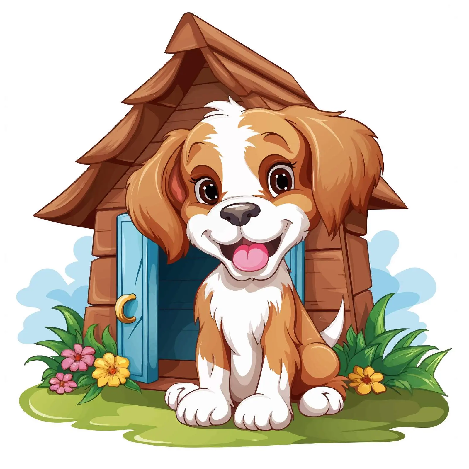 Cartoon Puppy and Colorful Doghouse Vector — free download from Dotvec