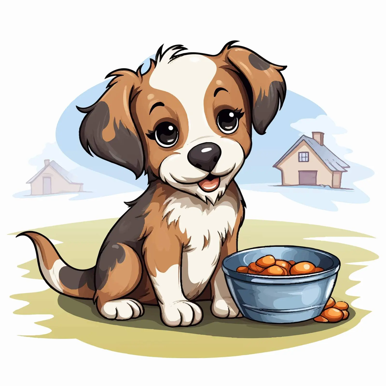 Cute Cartoon Puppy by Kennel and Food Bowl — free download from Dotvec