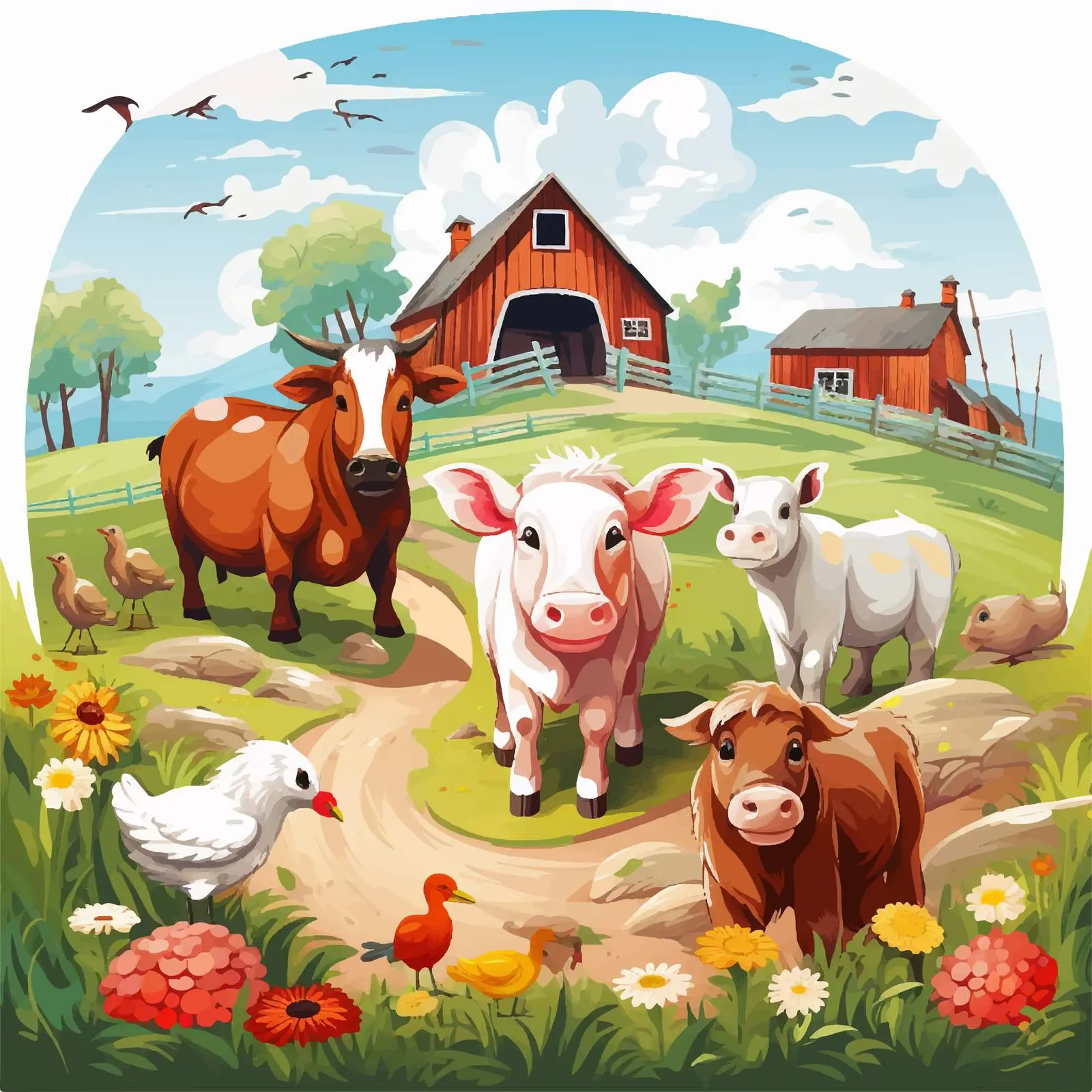 Farm Animals in Cartoon Scene Vector Illustration — free download from Dotvec