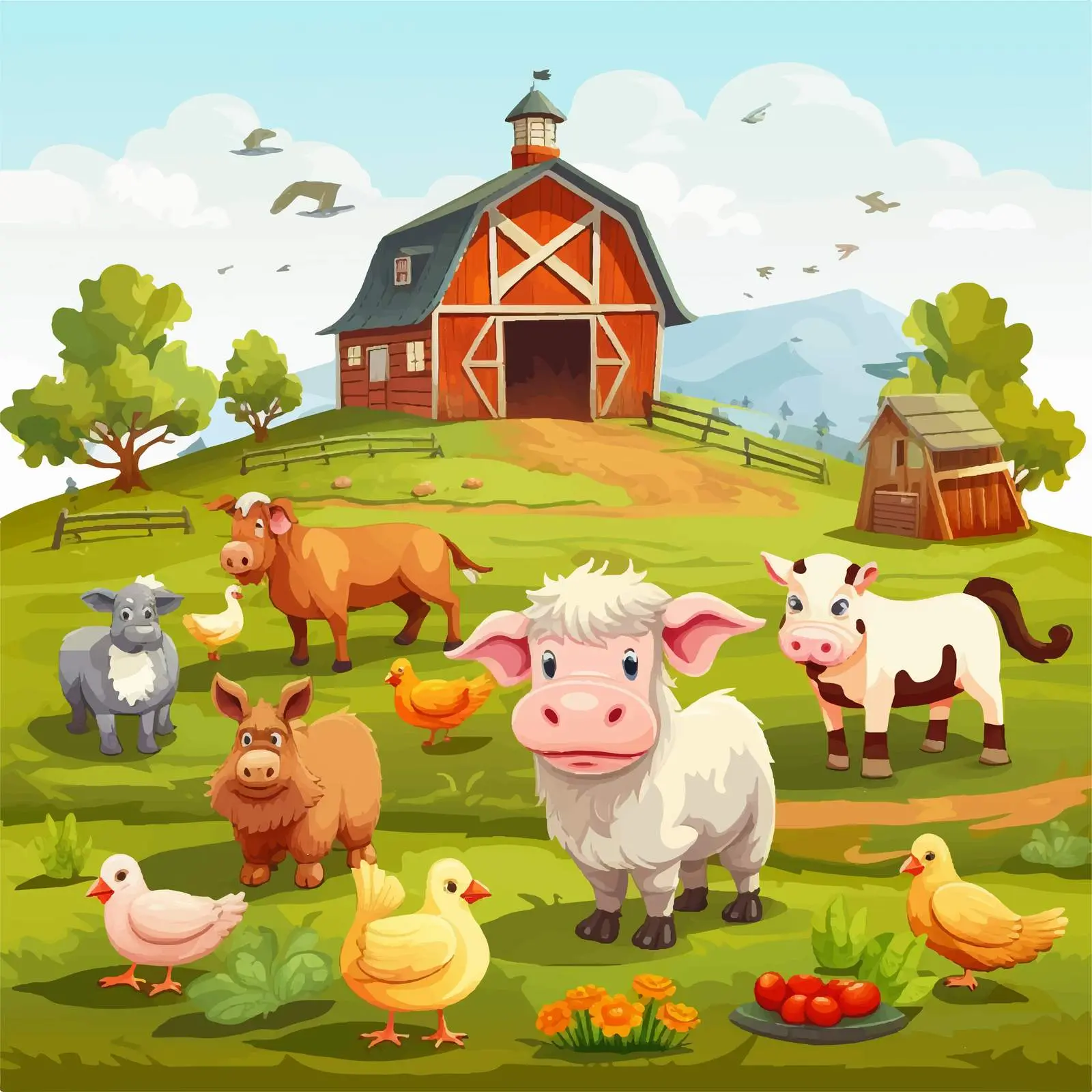 Colorful Cartoon Farm Animals Scene Illustration — free download from Dotvec