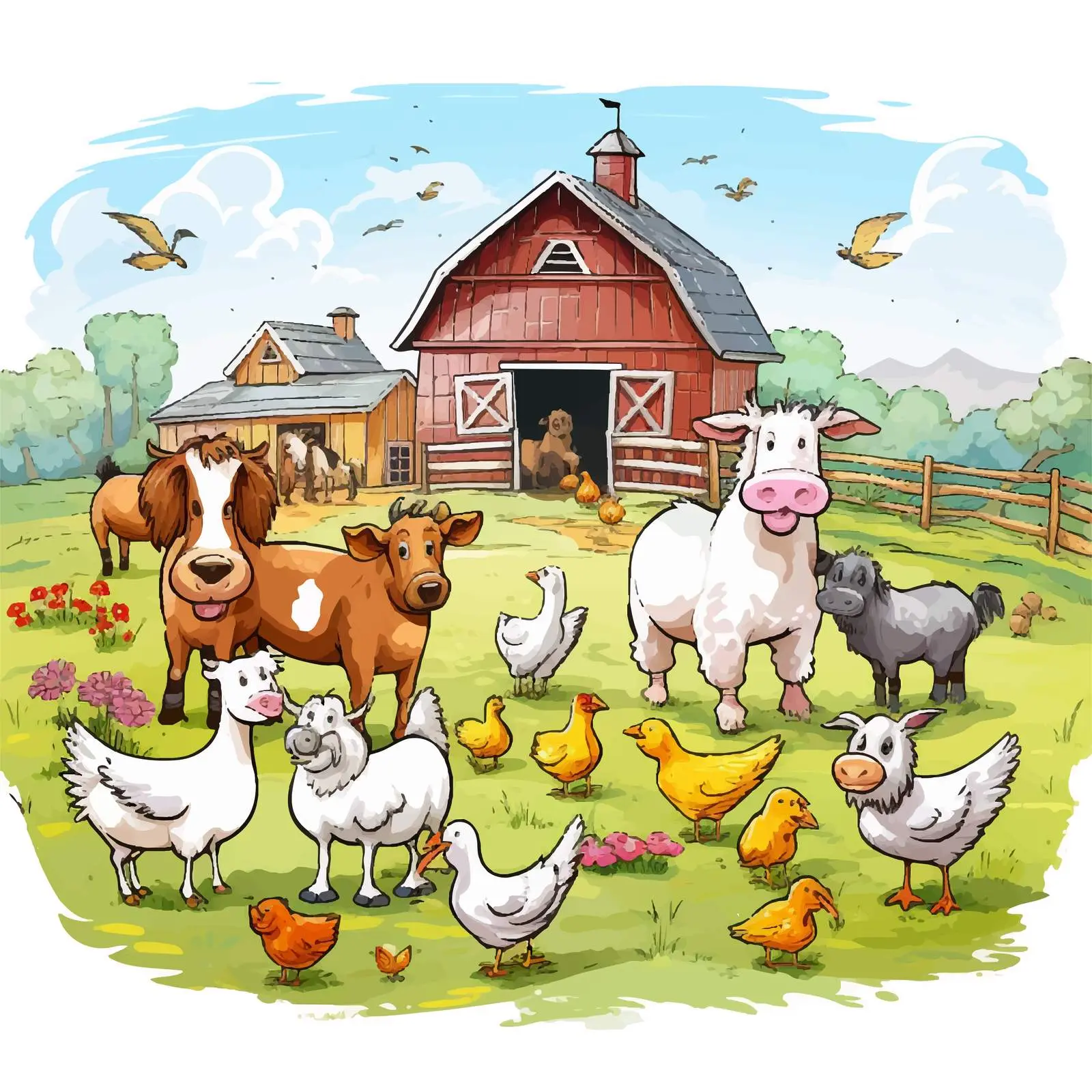 Farm Animals Cartoon Scene Illustration — free download from Dotvec