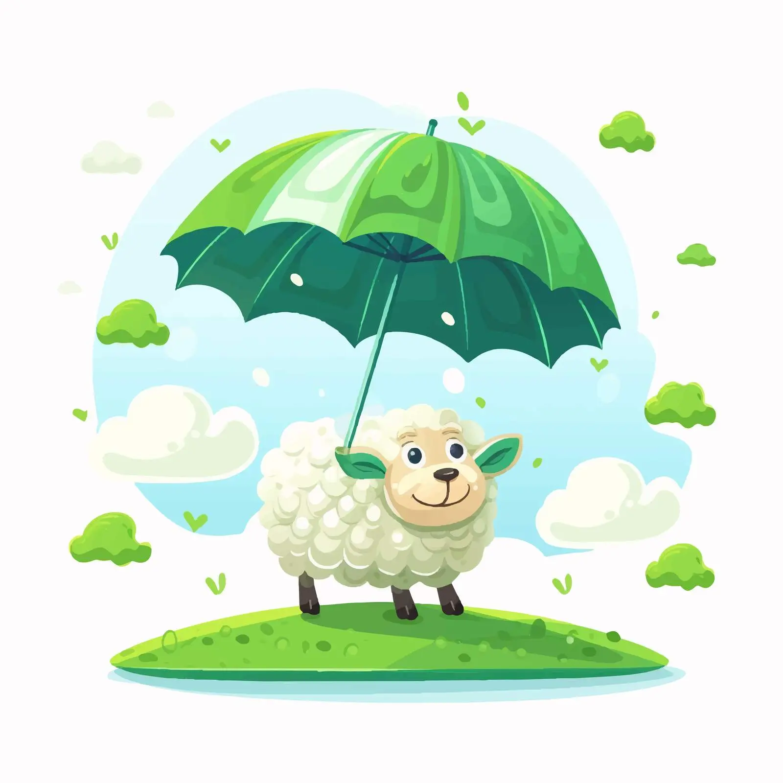 Flying Cartoon Sheep with Green Umbrella in Rain — free download from Dotvec